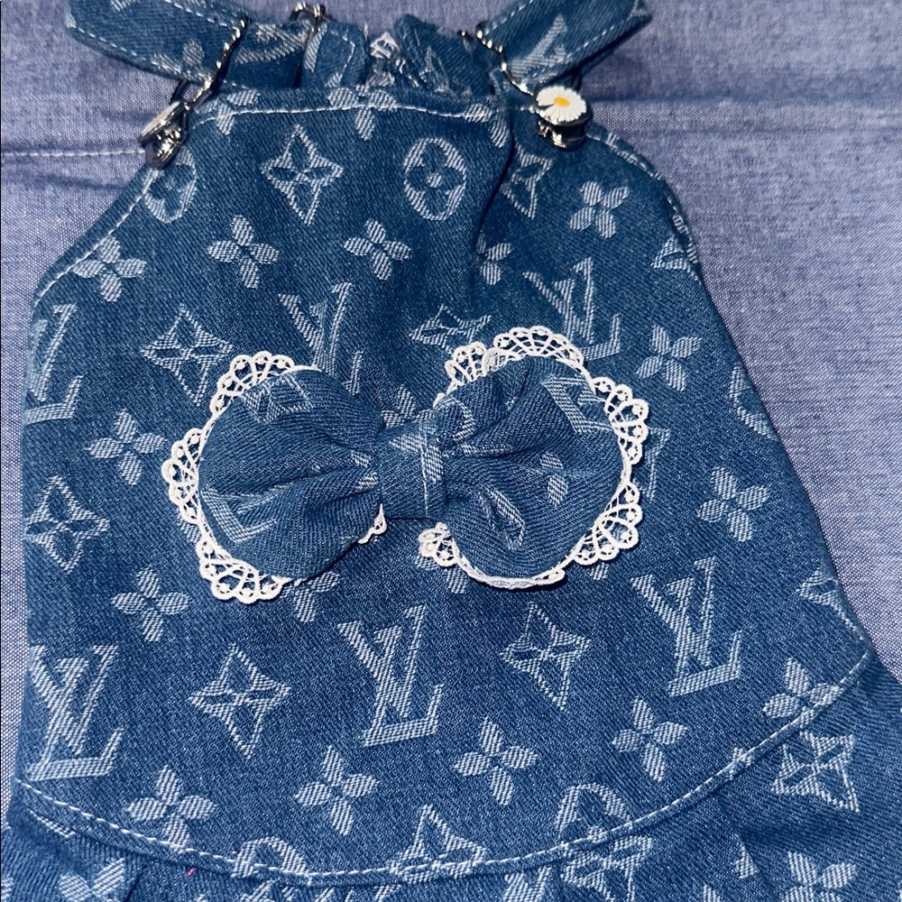 Blue Denim Doggy Dress with Lace Trim - Picture 2 of 6